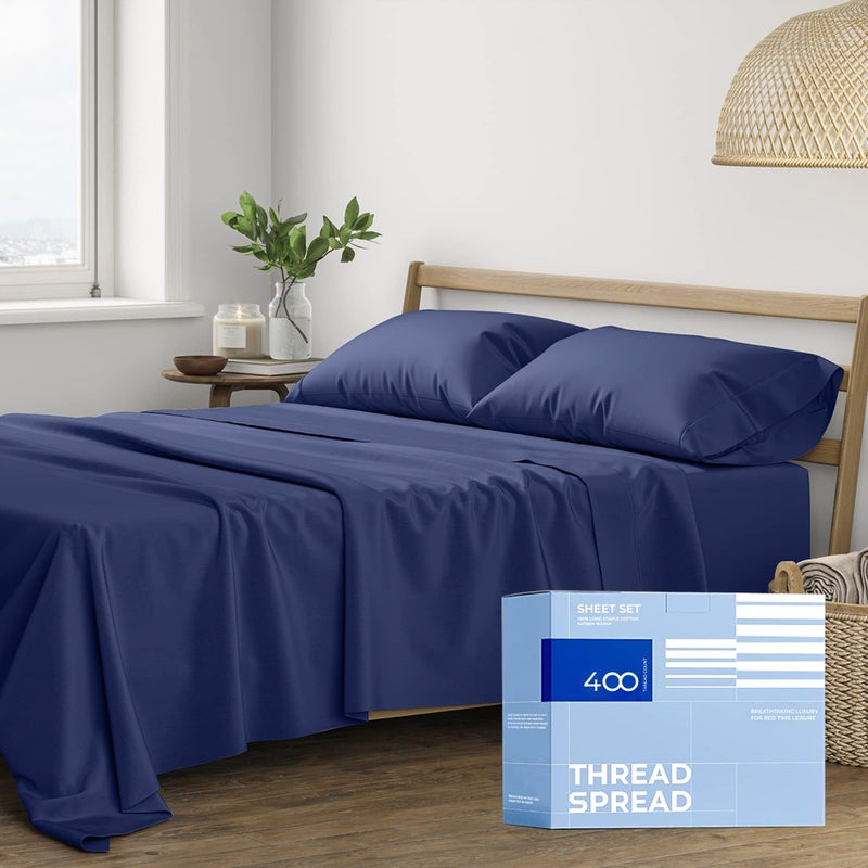 THREAD SPREAD 100% Cotton Queen Sheets Set - 400 Thread Count Queen Size Sheets (4 PC, Navy Blue), 16" Deep Pocket All Around Elastic, Soft, Cooling, Durable & Breathable Sateen Weave Bed Sheet Set - Image 1